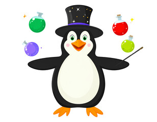 Obraz premium Playful Penguin Wizard Juggling Magical Potions and Wand – Transparent PNG