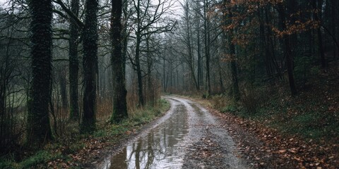 Fototapeta premium Damp, quiet forest at the edge of the countryside in the rain