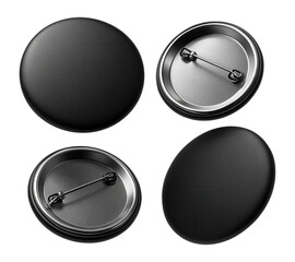 Collection of four black blank button badges with metallic backing and secure pin fasteners, displayed from various angles for customizable accessory designs.