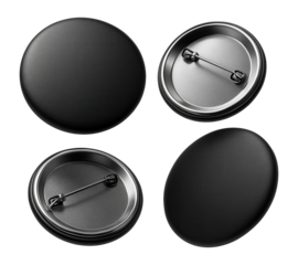 Collection of four black blank button badges with metallic backing and secure pin fasteners, displayed from various angles for customizable accessory designs.