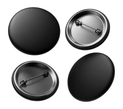 Collection of four black blank button badges with metallic backing and secure pin fasteners, displayed from various angles for customizable accessory designs.