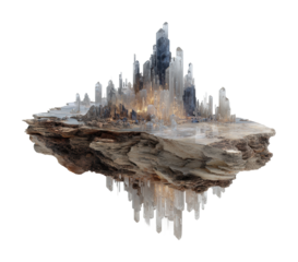 Floating cityscape fantasy realm digital ethereal environment aerial perspective isolated on transparent background