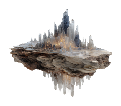 Floating cityscape fantasy realm digital ethereal environment aerial perspective isolated on transparent background