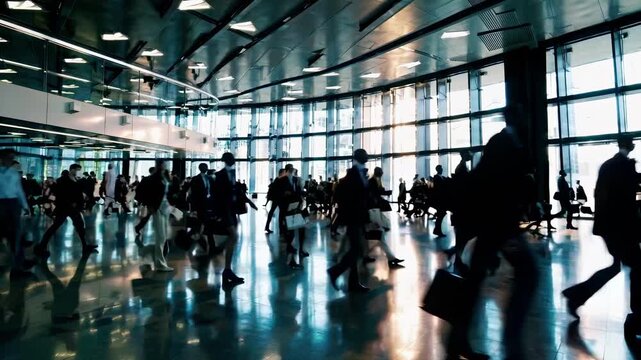 Wide-angle shot of a bustling airport terminal, capturing silhouettes of travelers in motion, reminiscent of a time-lapse video style.