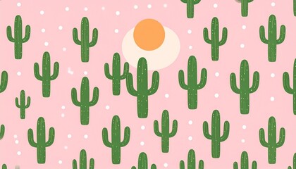Charming green cactus pattern with playful dots and sun on pastel pink background