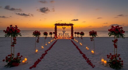 Idyllic destination wedding venue on a sandy beach with a romantic floral arch and candlelit aisle at sunset.