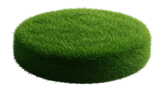 A circular platform covered with lush, green grass, isolated on a white background, suitable for concepts of nature, landscaping, and eco-friendly design.