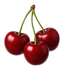 Trio of glossy red cherries with green stems isolated on a white background, showcasing fresh and vibrant fruit perfect for concepts of health and nutrition.
