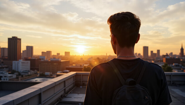 Young man looking at sunset from rooftop in cityscape for World Mental Health Day