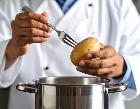 Chef testing potato doneness with a fork