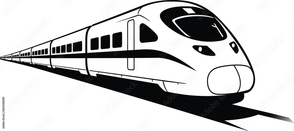 Poster modern high speed bullet train traveling on tracks in a dynamic perspective isolated on transparent 