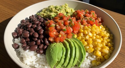 Healthy vegetarian burrito bowl with black beans, corn, rice, avocado, and fresh salsa. it can use for diet healthy food photo concept