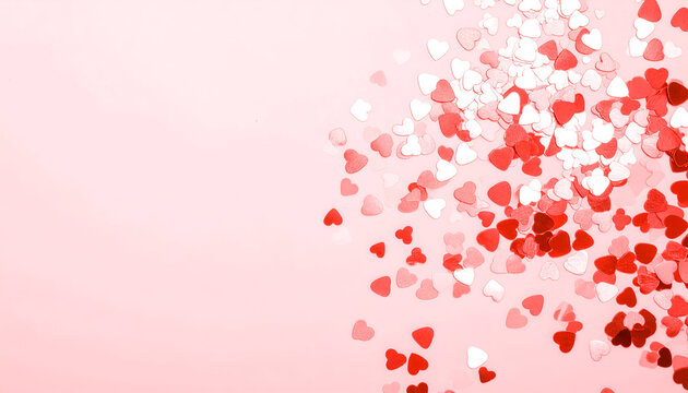 A Cascade of Shimmering Coral Heart Confetti on a Soft Pink Valentine's Background