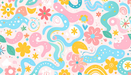 A Cheerful Pastel Dreamscape of Abstract Flowers and Wavy Shapes