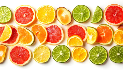 Fototapeta premium Abstract Arrangement of Mixed Fruit Slices in Minimalist Style Against White Background