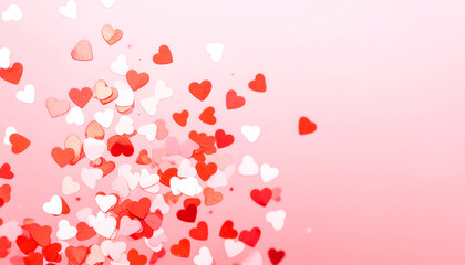 A Delicate Cascade of Red and White Heart Confetti on a Soft Pink Valentine's Background