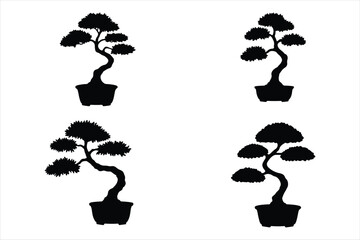 Four Black Silhouette Bonsai Trees in Pots: Zen, Minimalist, Japanese Design Elements