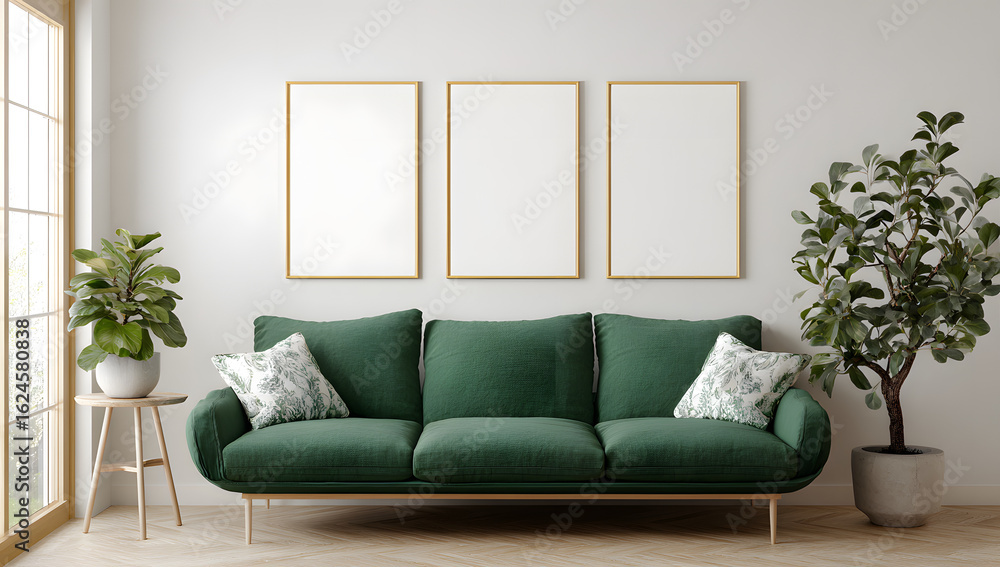 Poster mock-up frame in cozy light grey home interior background with green sofa and three empty frame