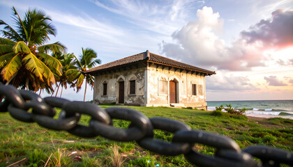 Naklejka premium A Forgotten Coastal House Bathed in Sunset Light, Framed by a Chain.