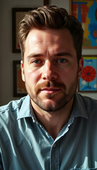 Obraz premium Young man with beard looking thoughtfully at camera indoors, Concept of World Mental Health Day 