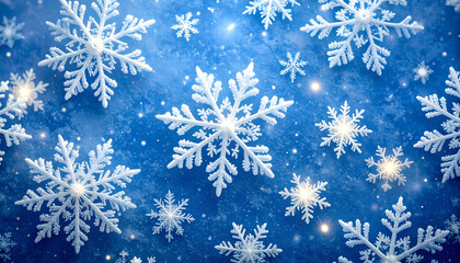 A Magical Flurry of Glistening Snowflakes on a Vibrant Blue Winter Background