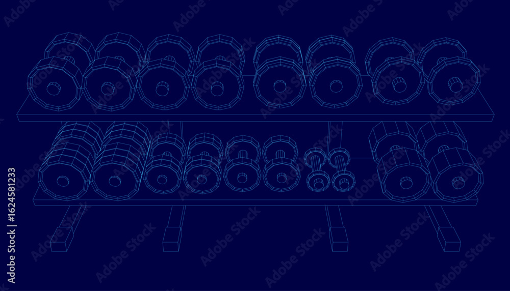 Poster a rack of dumbbells in wireframe blueprint style sits on a blue background. the metal set features n