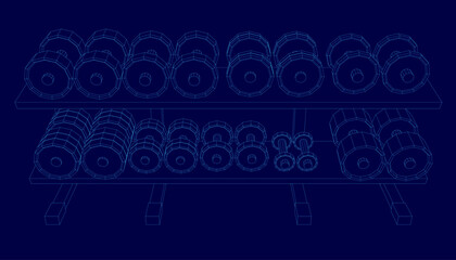 A rack of dumbbells in wireframe blueprint style sits on a blue background. The metal set features neatly arranged, uniquely designed weights with clean lines.