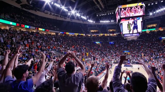 Wide-angle shot of a packed basketball arena, capturing the vibrant atmosphere and excitement of a live sports video event.