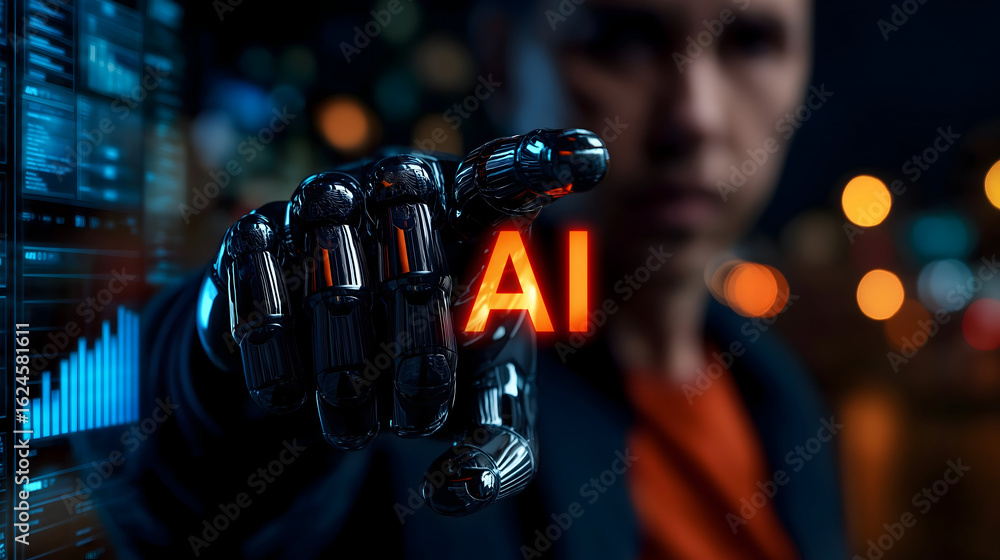 Poster a futuristic robotic hand points at the glowing letters 