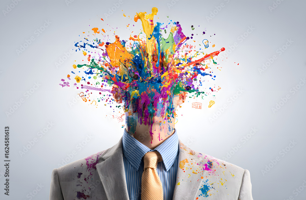 Aufkleber businessman with exploding colorful paint splash instead of head symbolizing creativity and innovati