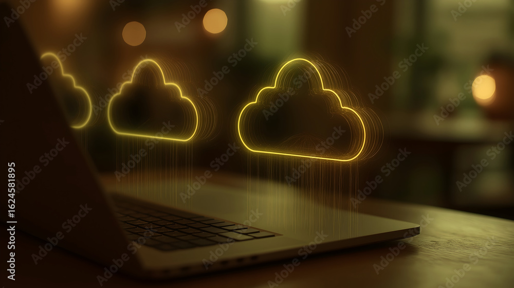 Poster a glowing cloud icon appears above a laptop, symbolizing data transfer and cloud computing in a digi