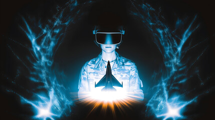 A futuristic soldier in a VR headset holds a miniature fighter jet, surrounded by glowing digital effects, symbolizing advanced technology and virtual reality.