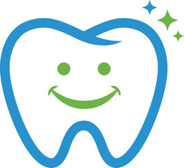 Cute cartoon tooth with a happy face and sparkles isolated on transparent background