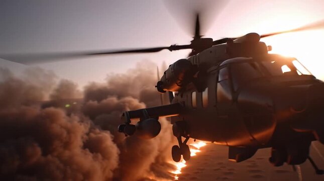 a slow flyby of a military helicopter near a burning oil field, flames lighting the scene,4k