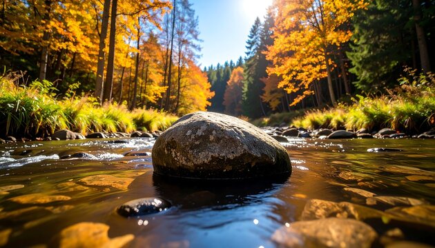 Scenic autumn river with vibrant foliage and a large boulder in the foreground