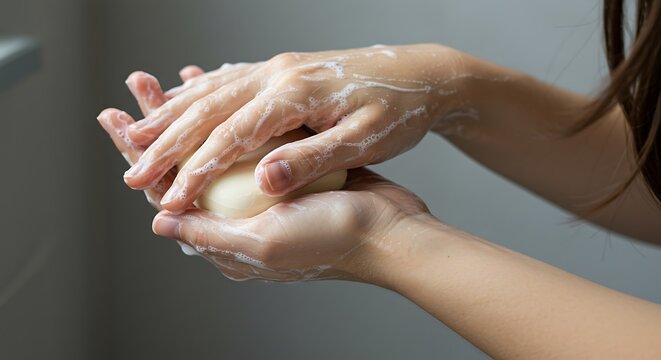 Close up hand washing using bar of soap and water. Concept of personal hygiene, cleanliness, and disease prevention.