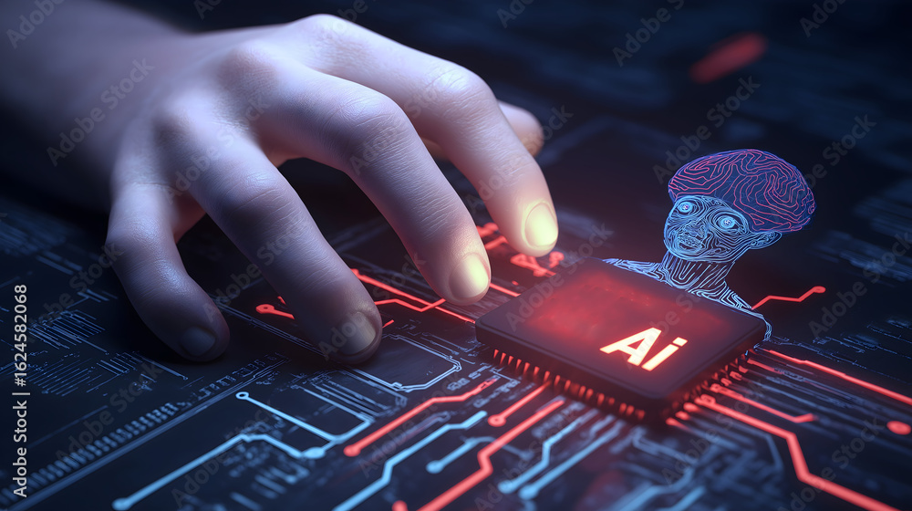 Poster a hand reaches toward a glowing ai chip, symbolizing the integration of artificial intelligence and 