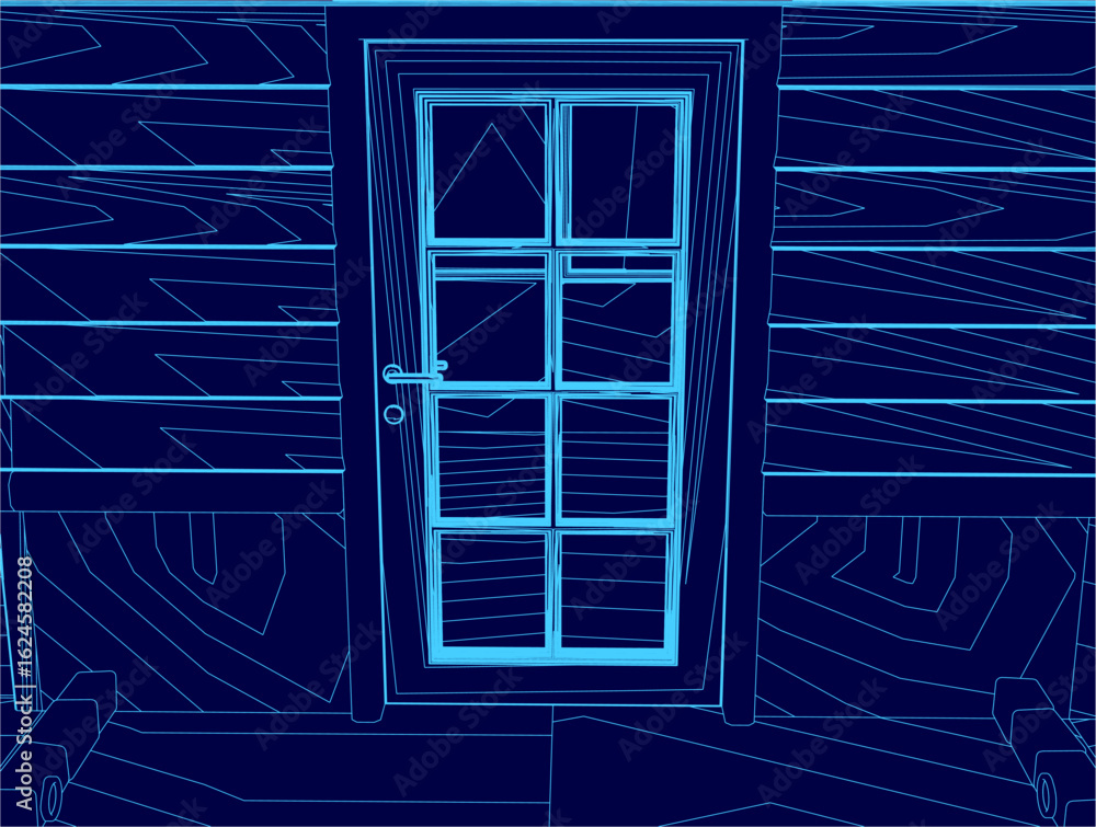 Aufkleber blueprint of a wooden house features a detailed contour with a framed door and open window. natural 