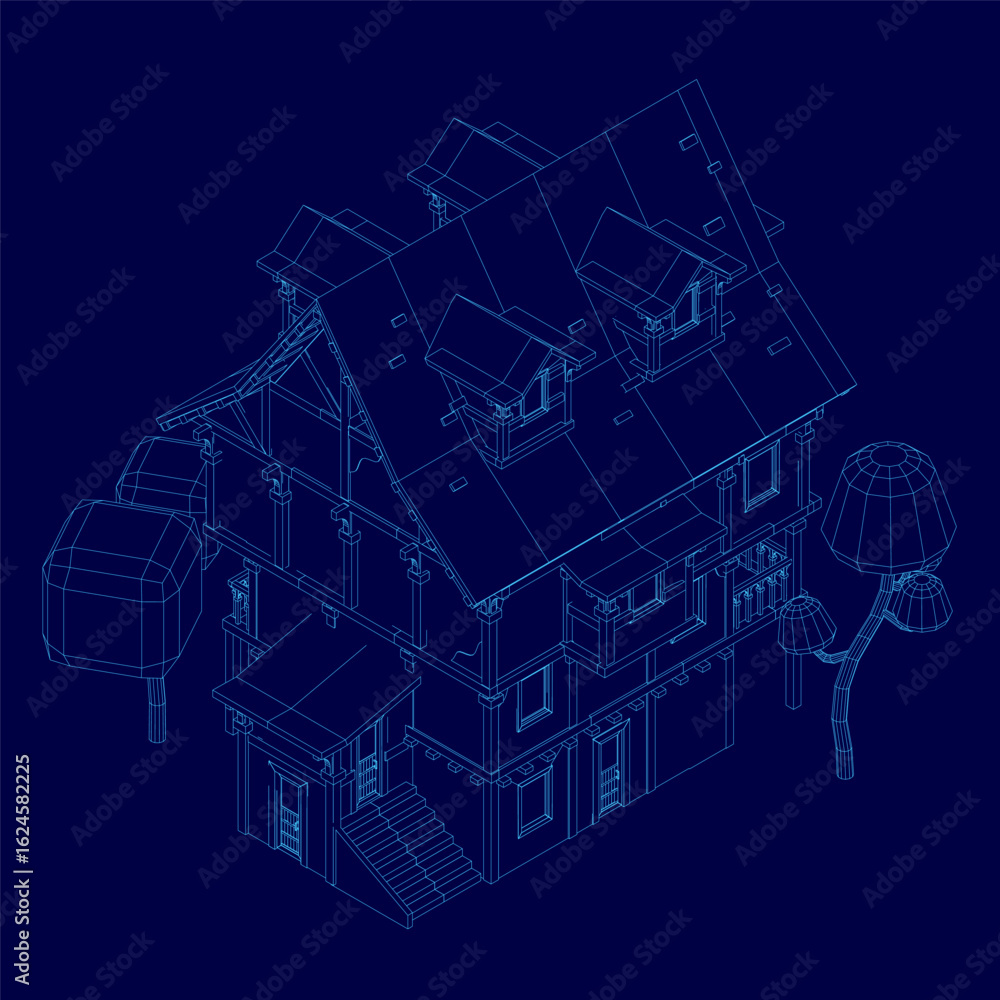 Poster a detailed house blueprint on a blue background features precise architectural elements including ro