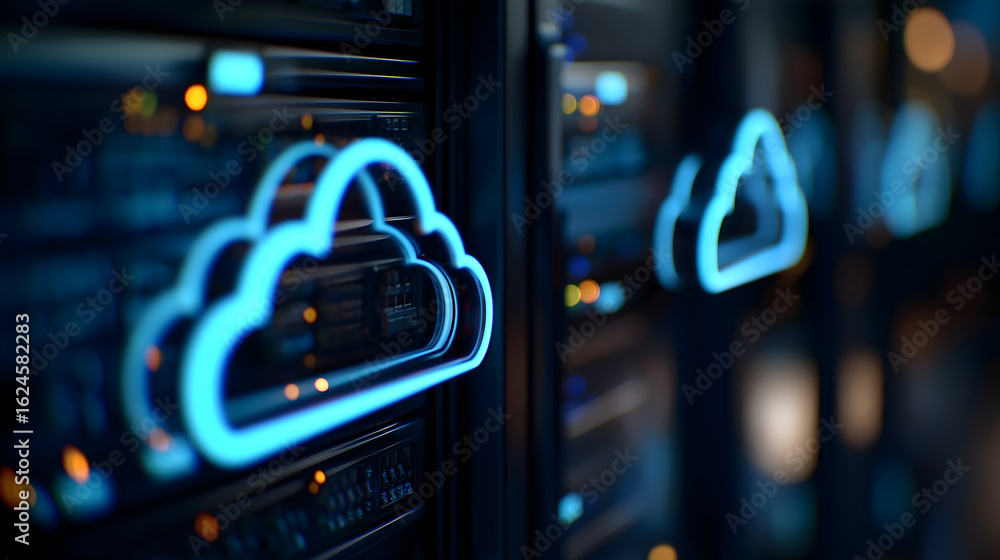 Poster a close-up view of a cloud storage symbol illuminated against a backdrop of server equipment, repres