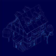 A detailed house blueprint on a blue background features precise architectural elements including roof structure, walls, and windows. Wireframe outlines highlight the design with surrounding trees.