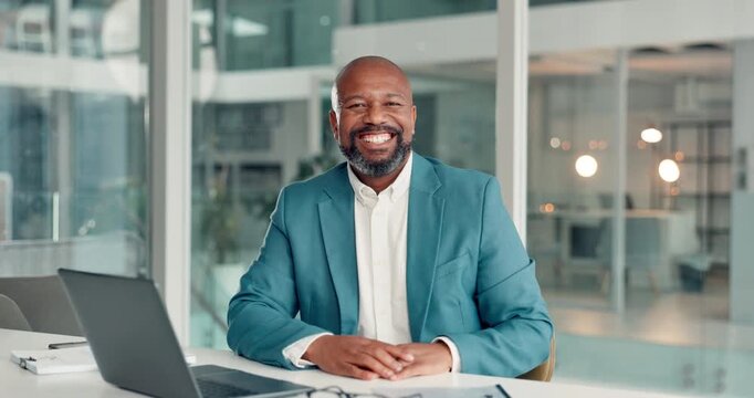 Smile, laptop and face of black man in office with confidence for finance career growth. Computer, happy and portrait of mature financial manager with pride for job development in workplace.
