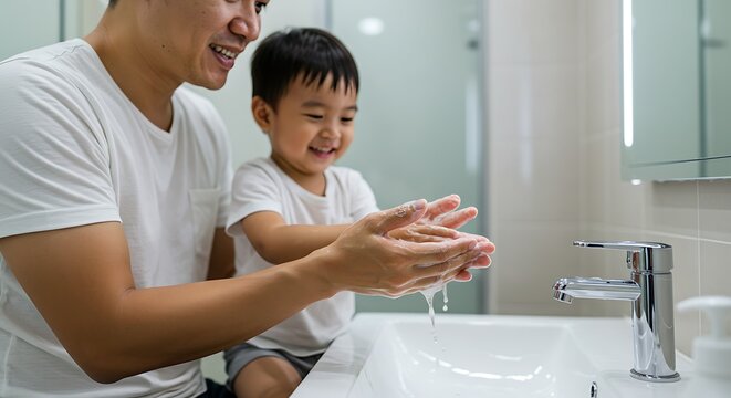 Caring Asian father teaching his son proper hand washing with soap to promote good hygiene and health at home.