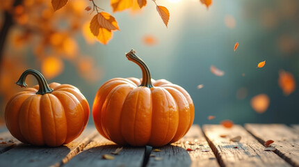 Orange pumpkins with vibrant fall leaves on rustic wooden table in autumn park. Natural light, harvest season, cozy Thanksgiving and seasonal decoration concept