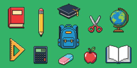 Set of school supplies icons in pixel art style, objects, 8 bit, on green background © dariachekman