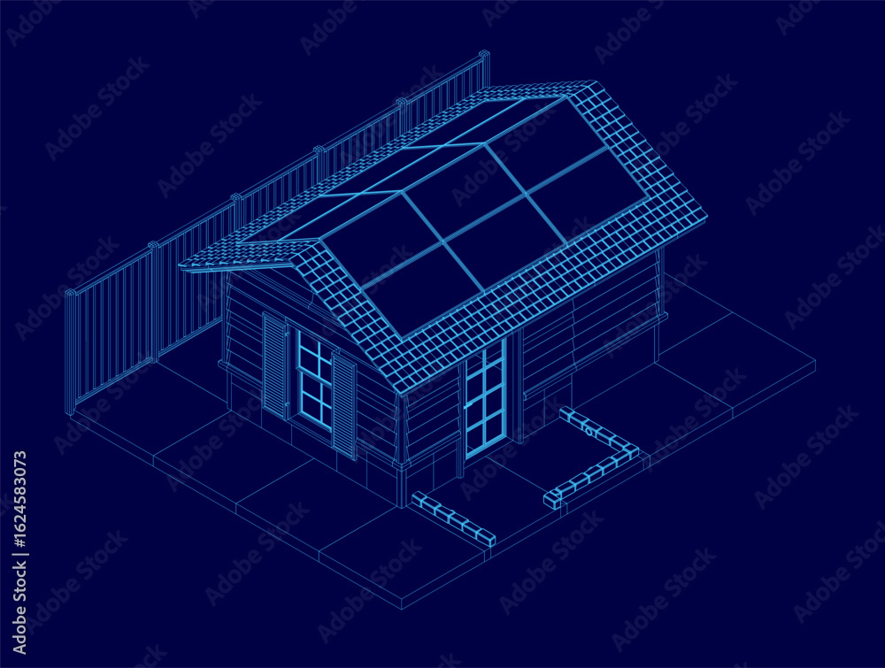Poster house blueprint displayed as a wireframe on a solid blue background, featuring detailed architectura