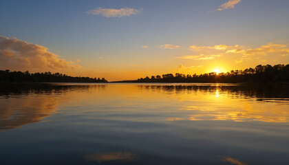 Obraz premium Golden Sunset Reflected on Calm Lake Water.