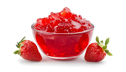 Bright red jelly dessert in clear glass bowl with perfectly spooned portion - classic sweet strawberry jelly isolated on white background for menu