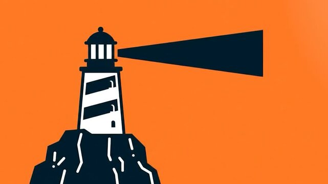 Lighthouse on orange background, minimal design, beacon of hope, guidance, direction, success, future, navigation.