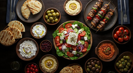 fresh vegetables and grilled meat on the table